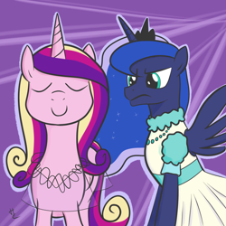 Size: 2400x2400 | Tagged: safe, artist:hardcyder, princess cadance, princess luna, alicorn, pony, clothes, dress