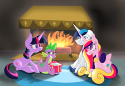 Size: 3000x2074 | Tagged: safe, artist:miroslav46, princess cadance, shining armor, spike, twilight sparkle, alicorn, dragon, pony, unicorn, female, fire, fireplace, male, mare, present, stallion