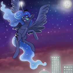 Size: 1000x1000 | Tagged: safe, artist:confetticakez, princess luna, alicorn, pony, flying, manehattan, moon, solo