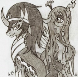 Size: 1631x1608 | Tagged: safe, artist:rossmaniteanzu, king sombra, queen chrysalis, changeling, changeling queen, pony, unicorn, antagonist, chrysombra, female, male, monochrome, shipping, straight, traditional art