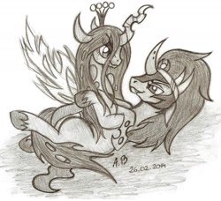 Size: 1807x1645 | Tagged: safe, artist:rossmaniteanzu, king sombra, queen chrysalis, changeling, changeling queen, pony, unicorn, antagonist, chrysombra, couple, female, love, male, monochrome, shipping, straight, traditional art