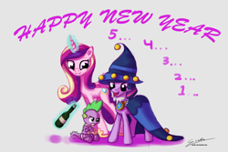 Size: 1500x1000 | Tagged: safe, artist:esuka, princess cadance, spike, twilight sparkle, alicorn, dragon, pony, unicorn, 2013, baby new year, crossed arms, cute, diaper, female, frown, glare, grin, happy new year, levitation, magic, mare, open mouth, simple background, sitting, smiling, star swirl the bearded costume, telekinesis, text, unamused, white background