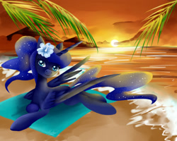 Size: 2000x1600 | Tagged: safe, artist:moeru789, princess luna, alicorn, pony, beach, flower, flower in hair, prone, solo, sunset