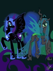 Size: 768x1024 | Tagged: safe, artist:o0vinylscratch0o, nightmare moon, queen chrysalis, alicorn, changeling, changeling queen, pony, spread wings, wings