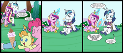 Size: 1700x744 | Tagged: safe, artist:madmax, pinkie pie, princess cadance, pumpkin cake, shining armor, alicorn, earth pony, pony, unicorn, comic, hilarious in hindsight, ice cream