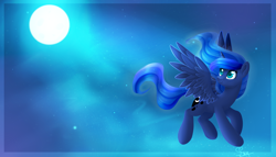 Size: 3500x2000 | Tagged: safe, artist:snowsky-s, princess luna, alicorn, pony, cute, female, flying, full moon, high res, lunabetes, mare, moon, night, night sky, sky, solo, stars