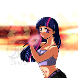 Size: 900x900 | Tagged: safe, artist:turtlesea, derpibooru import, twilight sparkle, human, abstract background, belly button, female, humanized, midriff, solo