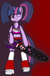 Size: 900x1350 | Tagged: safe, artist:kloudmutt, derpibooru import, twilight sparkle, semi-anthro, chainsaw, clothes, female, gradient background, grin, juliet starling, lollipop chainsaw, one eye closed, pigtails, skirt, socks, solo, suda51