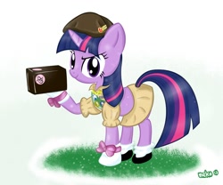 Size: 1200x1000 | Tagged: safe, artist:mcsadat, derpibooru import, twilight sparkle, pony, unicorn, beret, box, clothes, female, filly guides, hat, mare, midriff, scout uniform, skirt, smiling, solo, uniform, working