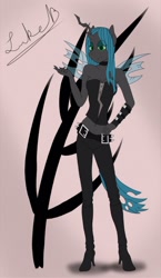 Size: 680x1175 | Tagged: safe, artist:nightmaremaycry, queen chrysalis, anthro, changeling, changeling queen, belly button, boots, midriff, solo