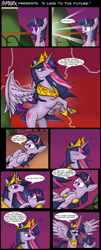 Size: 1717x4247 | Tagged: safe, artist:zsparkonequus, derpibooru import, twilight sparkle, twilight sparkle (alicorn), unicorn twilight, alicorn, pony, unicorn, balcony, bellyrubs, comic, cross-eyed, crown, dialogue, female, frown, glare, golden oaks library, gun, hilarious in hindsight, implied murder, jewelry, lightning, magic, magic aura, mare, older, older twilight, on back, open mouth, pistol, rearing, regalia, self ponidox, smiling, speech bubble, spread wings, sunglasses, telekinesis, text, time paradox, time travel, tyrant sparkle, ultimate twilight, weapon, wide eyes