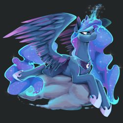 Size: 2500x2500 | Tagged: safe, artist:santagiera, princess luna, alicorn, pony, cloud, cute, female, glowing horn, high res, jewelry, lunabetes, lying, magic, mare, prone, regalia, simple background, smiling, solo, spread wings, wings