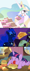 Size: 616x1447 | Tagged: safe, edit, edited screencap, screencap, applejack, coco crusoe, princess celestia, princess luna, twilight sparkle, twilight sparkle (alicorn), alicorn, earth pony, pony, luna eclipsed, ponyville confidential, twilight time, cakelestia, compilation, female, glorious grilled cheese, grilled cheese, hay burger, mare, that pony sure does love burgers, twilight burgkle