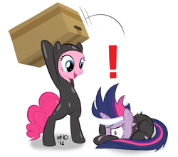 Size: 680x600 | Tagged: safe, artist:empty-10, derpibooru import, pinkie pie, twilight sparkle, earth pony, pony, unicorn, bipedal, box, cardboard box, catsuit, caught, clothes, costume, crossover, duo, duo female, exclamation point, eyepatch, female, future twilight, konami, mare, metal gear, metal gear solid, prone