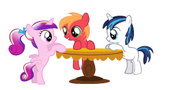 Size: 1118x590 | Tagged: safe, artist:xanikrawlerlazarx, big macintosh, princess cadance, shining armor, alicorn, earth pony, pony, unicorn, colt, filly, male, stallion, table