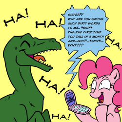 Size: 1000x1000 | Tagged: safe, artist:madmax, artist:pacce, pinkie pie, princess luna, alicorn, dinosaur, earth pony, pony, velociraptor, cellphone, female, laughing, lunabuse, mare, open mouth, phone, prank call, simple background, speech bubble, yellow background