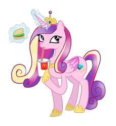 Size: 1656x1808 | Tagged: safe, princess cadance, alicorn, pony, burger, drink, female, magic, mare, mcdonald's, ponies eating meat, simple background, solo, straw, transparent background