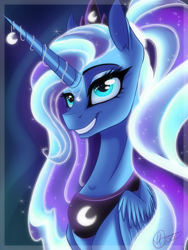 Size: 1500x2000 | Tagged: safe, artist:sevenada, princess luna, alicorn, pony, blue eyes, bust, crown, ethereal mane, eyelashes, female, folded wings, horn, jewelry, necklace, regalia, smiling, solo, sparkles, wings