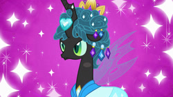 Size: 1280x720 | Tagged: safe, artist:dtkraus, edit, queen chrysalis, changeling, changeling queen, games ponies play, alternate scenario, ceremonial headdress, clothes, dress, makeover, solo, wallpaper