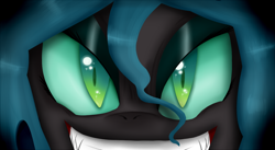 Size: 1400x768 | Tagged: safe, artist:amberony, queen chrysalis, changeling, changeling queen, close-up, grin, kitchen eyes, looking at you, solo, teeth