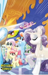 Size: 300x465 | Tagged: safe, idw, apple bloom, bon bon, fluttershy, king sombra, lyra heartstrings, princess cadance, rainbow dash, rarity, spike, sweetie drops, alicorn, dragon, pegasus, pony, unicorn, the crystal empire, comic, cover, crystal empire, crystal heart, crystal spike, crystallized, midtown comics, official comic