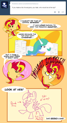 Size: 700x1279 | Tagged: safe, artist:miroslav46, princess celestia, sunset shimmer, twilight sparkle, twilight sparkle (alicorn), alicorn, pony, angry, ask, doodle, female, mare, rivalry, sunset shimmer hates you, tumblr