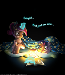 Size: 2000x2304 | Tagged: safe, artist:jadedjynx, princess cadance, twilight sparkle, alicorn, firefly (insect), pony, blanket, book, filly, filly twilight sparkle, magic, reading