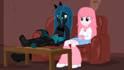 Size: 1366x768 | Tagged: safe, artist:mixermike622, queen chrysalis, oc, oc:fluffle puff, equestria girls, barefoot, dirty, equestria girls-ified, feet, humanized, sofa, table, youtube link