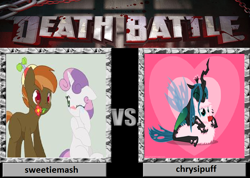 Size: 900x642 | Tagged: safe, button mash, queen chrysalis, sweetie belle, oc, oc:fluffle puff, changeling, changeling queen, chrysipuff, death battle, exploitable meme, female, lesbian, male, meme, shipping, straight, sweetiemash