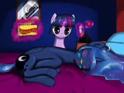 Size: 1600x1200 | Tagged: safe, artist:skecchiart, princess luna, twilight sparkle, alicorn, pony, bed, face doodle, markers, sleeping, underhoof