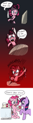 Size: 578x2111 | Tagged: safe, artist:mickeymonster, derpibooru import, pinkie pie, twilight sparkle, earth pony, pony, unicorn, bait and switch, cake, comic, female, implied cupcakes, implied rarity, knife, mare, not blood