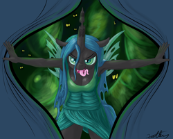 Size: 2500x2000 | Tagged: safe, artist:xanthor, queen chrysalis, anthro, changeling, changeling queen, armpits, cleavage, clothes, cocoon, dress, drool, female, fourth wall, innuendo, kitchen eyes, tongue out