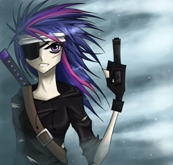 Size: 3302x3152 | Tagged: safe, artist:tao-mell, derpibooru import, twilight sparkle, human, bandage, eyepatch, female, future twilight, gun, high res, humanized, looking at you, solo, weapon