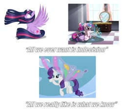 Size: 838x750 | Tagged: safe, edit, edited screencap, screencap, princess cadance, rarity, twilight sparkle, twilight sparkle (alicorn), alicorn, pony, unicorn, sonic rainboom (episode), alicorn drama, female, glimmer wings, gossamer wings, magic, mare, meta, telekinesis