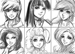 Size: 1000x727 | Tagged: safe, artist:johnjoseco, derpibooru import, applejack, fluttershy, pinkie pie, rainbow dash, rarity, twilight sparkle, human, female, grayscale, humanized, mane six, monochrome