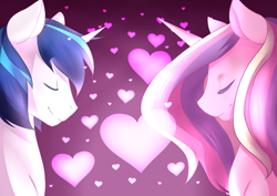 Size: 900x637 | Tagged: safe, artist:mylittlesheepy, princess cadance, shining armor, alicorn, pony, unicorn, glow, heart