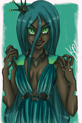 Size: 800x1200 | Tagged: safe, artist:mistix, queen chrysalis, human, cleavage, clothes, dark skin, dress, female, humanized, kitchen eyes, looking at you, solo