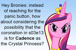 Size: 640x419 | Tagged: safe, princess cadance, alicorn, pony, magical mystery cure, alicorn drama, angry, female, hilarious in hindsight, looking at you, mare, meta, missing ear, solo