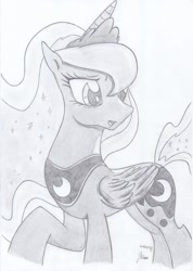 Size: 911x1280 | Tagged: safe, artist:moaja, princess luna, alicorn, pony, black and white, grayscale, monochrome, solo, traditional art