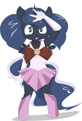 Size: 2047x3000 | Tagged: safe, artist:kryptchild, princess luna, anthro, armpits, chibi, crossover, cute, sailor moon, solo