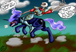 Size: 1024x702 | Tagged: safe, artist:kota-king-1, princess luna, alicorn, pony, medievil, riding, sir daniel fortesque, skeleton