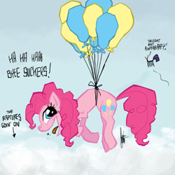 Size: 700x700 | Tagged: safe, artist:theartrix, derpibooru import, pinkie pie, twilight sparkle, earth pony, pony, ant, balloon, cloud, cloudy, female, floating, mare, open mouth, rapture, sky, smiling, species swap, then watch her balloons lift her up to the sky, tongue out, wat, wtf