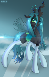 Size: 2980x4690 | Tagged: safe, artist:skyart301, queen chrysalis, changeling, changeling queen, absurd resolution, clothes, female, looking at you, sexy, smiling, socks, solo, stockings, stupid sexy chrysalis, thigh highs