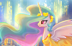 Size: 1359x868 | Tagged: safe, artist:cherryviolets, princess celestia, alicorn, pony, clothes, dress, headdress, smiling, solo, spread wings, toga