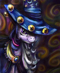 Size: 994x1200 | Tagged: safe, artist:buttercupsaiyan, derpibooru import, twilight sparkle, pony, unicorn, abstract background, beard, costume, female, hat, mare, solo, star swirl the bearded costume