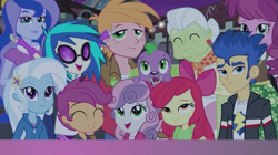 Size: 637x356 | Tagged: safe, screencap, big macintosh, cheerilee, dj pon-3, flash sentry, granny smith, princess luna, scootaloo, spike, sweetie belle, trixie, vice principal luna, vinyl scratch, dog, equestria girls, perfect day for fun, rainbow rocks, spike the dog