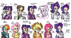 Size: 2772x1500 | Tagged: safe, artist:theartrix, derpibooru import, applejack, fluttershy, pinkie pie, rainbow dash, rarity, twilight sparkle, human, ant, business suit, clothes, concept art, ear piercing, earring, female, glasses, humanized, jewelry, kent helling, life in ponyville, male, mane six, piercing, ponyville documentary, sweatershy