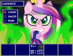 Size: 575x448 | Tagged: safe, artist:drpain, edit, edited screencap, screencap, princess cadance, queen chrysalis, twilight sparkle, alicorn, changeling, changeling queen, pony, a canterlot wedding, disguise, disguised changeling, fake cadance, phantasy star, phantasy star 4