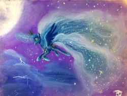 Size: 1280x960 | Tagged: safe, artist:theoddlydifferentone, princess luna, alicorn, pony, flying, magic, moon, sky, solo, traditional art