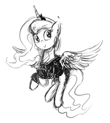 Size: 785x875 | Tagged: safe, artist:anticular, princess luna, alicorn, pony, clothes, earbuds, female, flying, hoodie, lunadoodle, mare, monochrome, smiling, solo